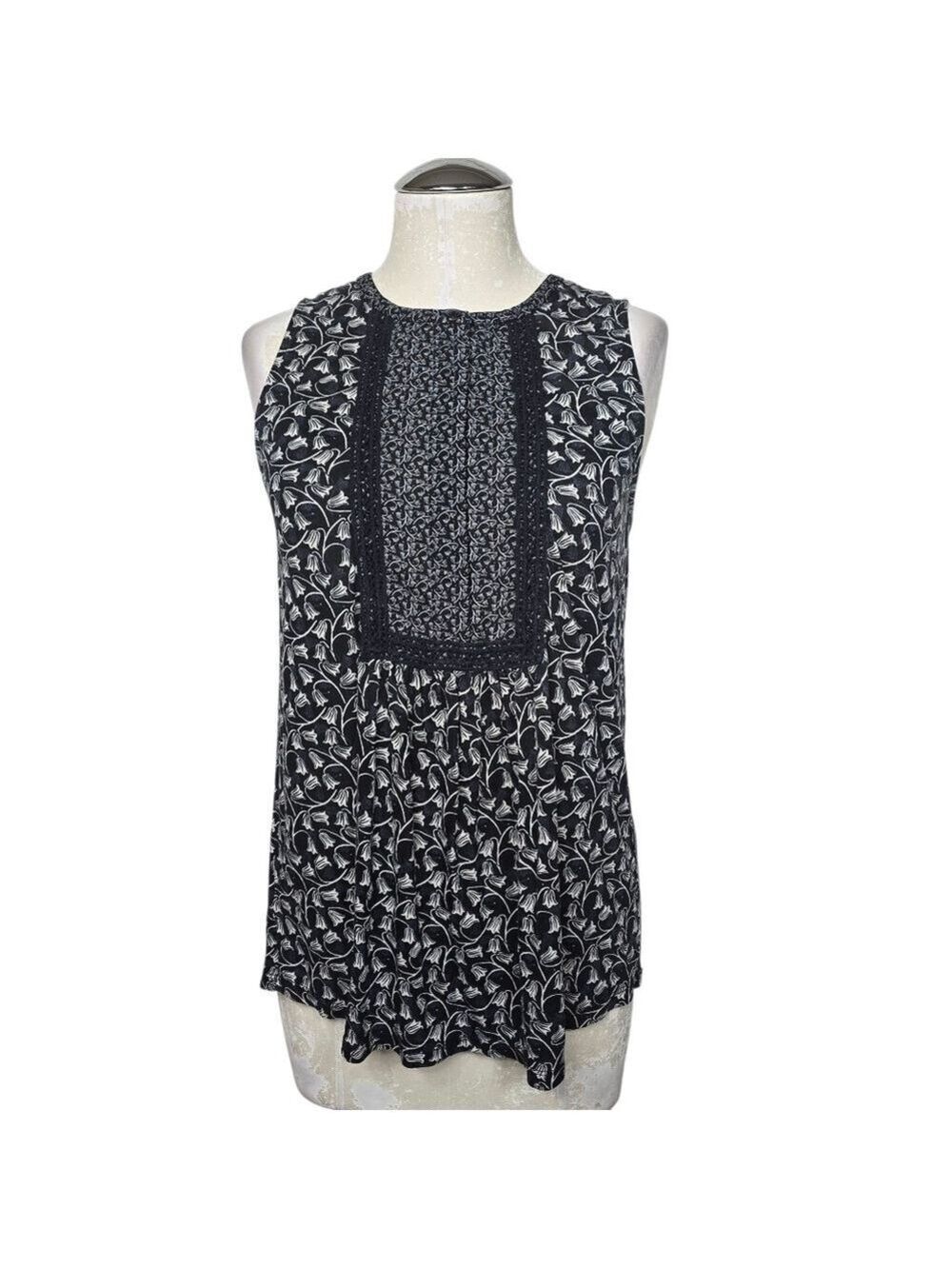 Ann Taylor LOFT Black White Floral Half Button Down Bib Sleeveless Tank Top S